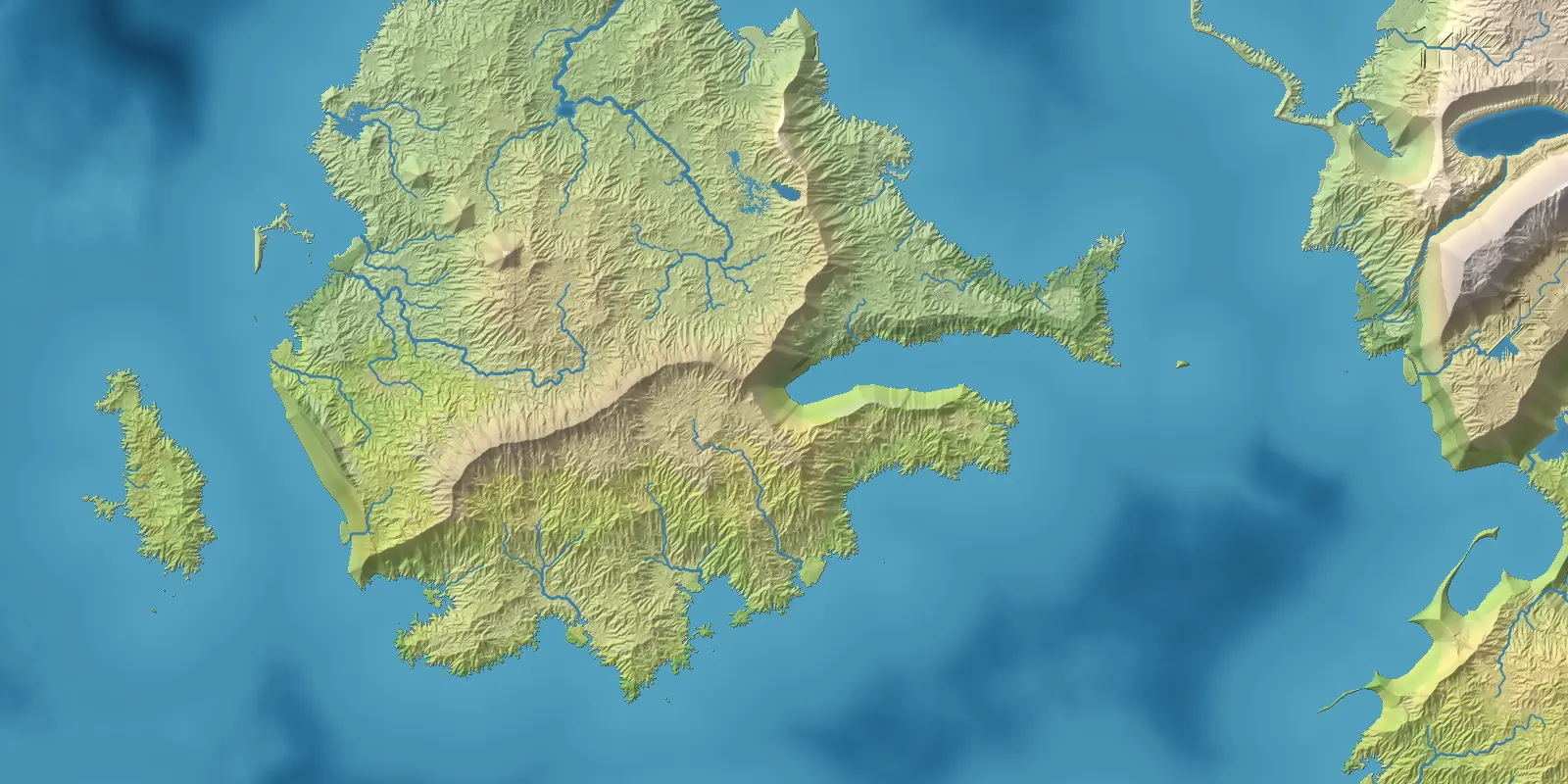 A generated world map: a northern continent with a mountain range along its spine, a river system draining to a ragged southern coast, lakes, offshore islands, and the coast of a second continent at the right.