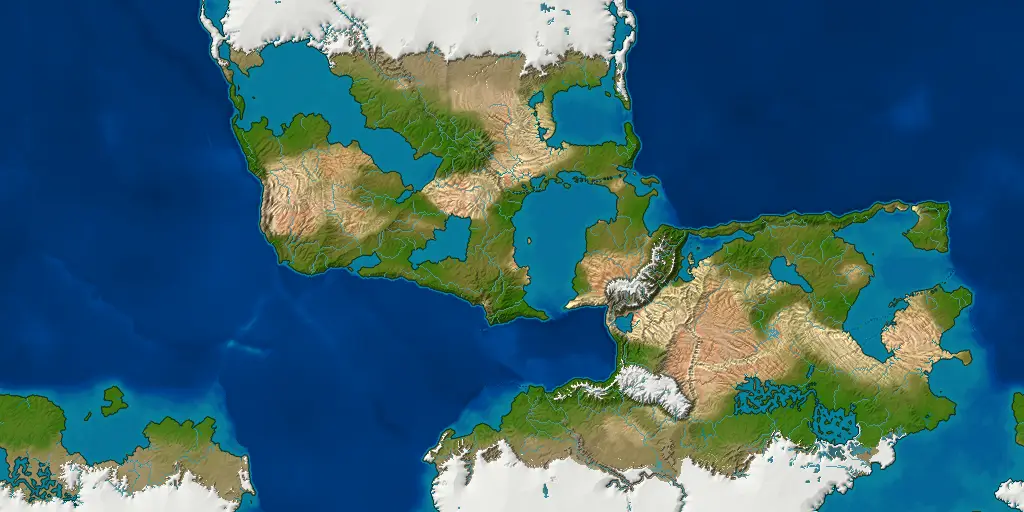 A world of a large land in the east and a smaller one in the west facing each other across a gulf, snow-capped ranges in the eastern land, and white ice at the north and south.