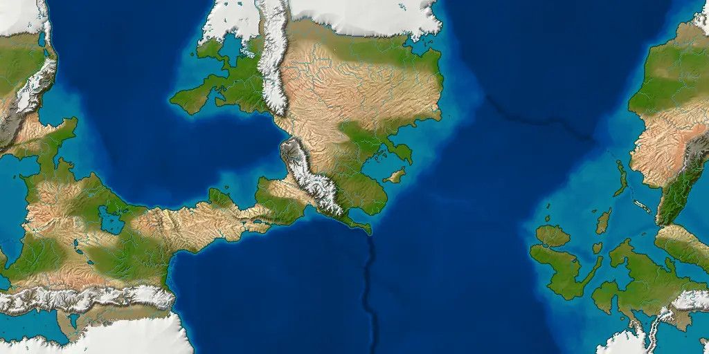 A world of a large northern land with a snow-capped range along its west side, a long arm of land stretching west from it, and islands scattered in shallow sea to the east, with ice at the top and bottom.