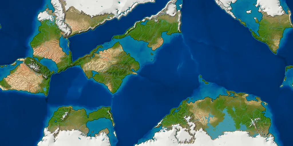 A world of separate lands in a deep ocean: a diamond-shaped land in the middle, a strip of land to its north, a larger land in the south with a wide shallow lake over its interior, and ice at the top and bottom.