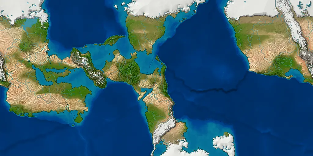 A world of a large dry land in the west, a narrower land in the middle with a snow-capped peak and a long strip running south to an ice cap, and a land in the east with a snow-capped range along its edge.