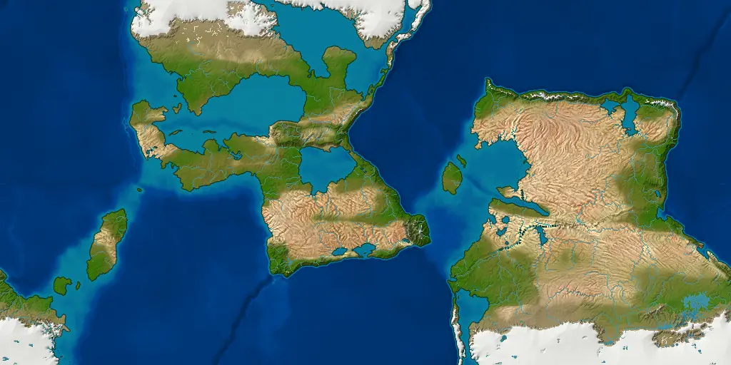 A world of two lands facing each other across a strait: a western one in two parts with a bay between them, and an eastern one of dry tan plains with lakes along its north, with ice at the poles.