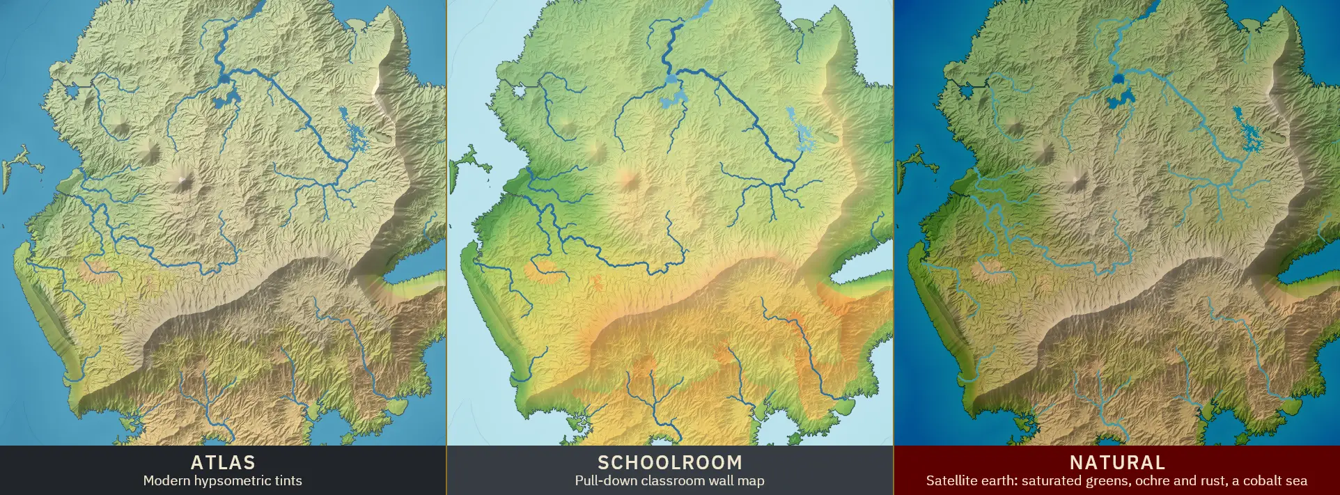 The same square of a generated world drawn three times, labelled Atlas, Schoolroom and Natural.