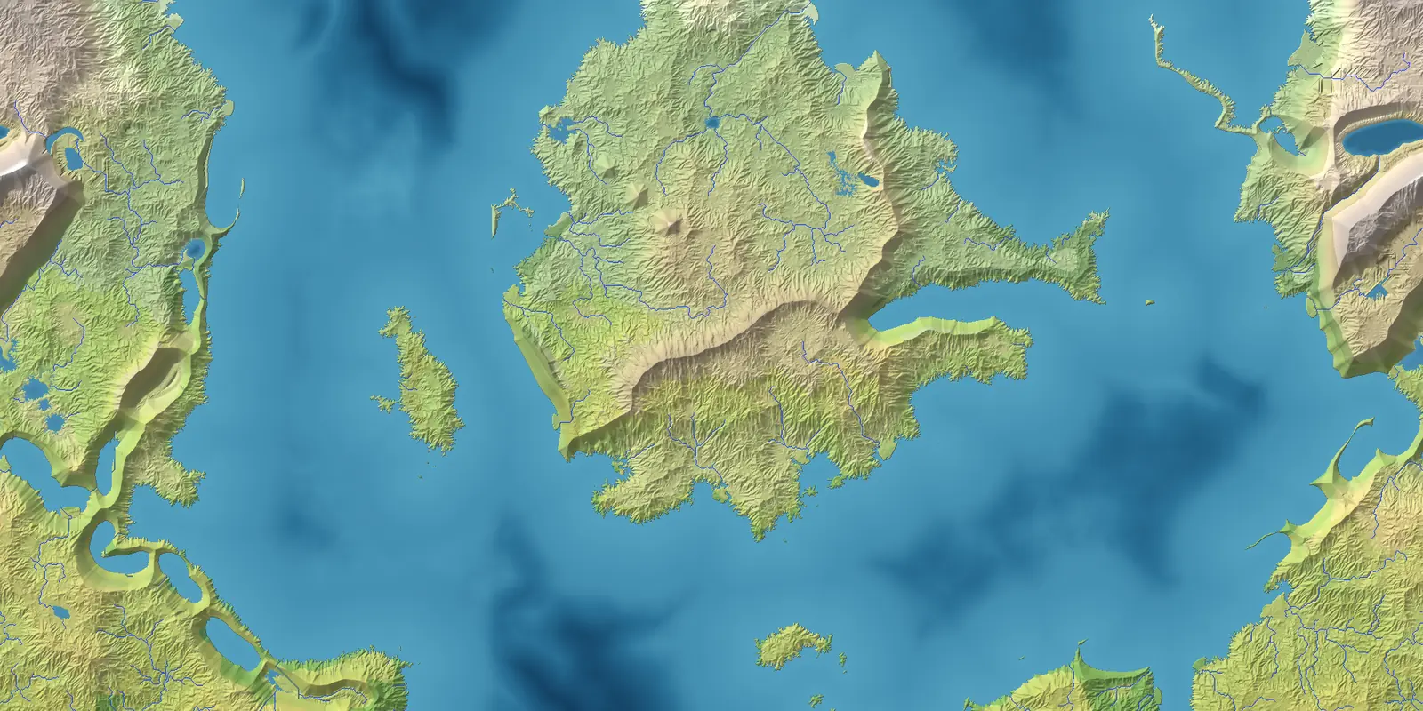 A generated world map: coastlines, mountain ranges, rivers and realm borders